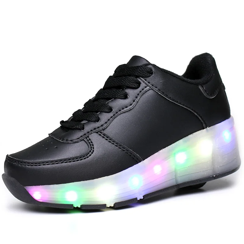 

White Black Glowing Roller Skate Shoes for Kids Boys gilrs Luminous LED Sneakers with One Wheels Children Light Up Trainers