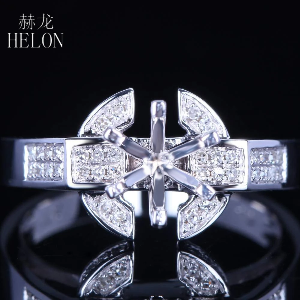 HELON 6.5mm Round Cut Solid 14K White Gold Natural Diamond Engagement Wedding Semi Mount Ring Setting 6 Prong Women Fine Jewelry