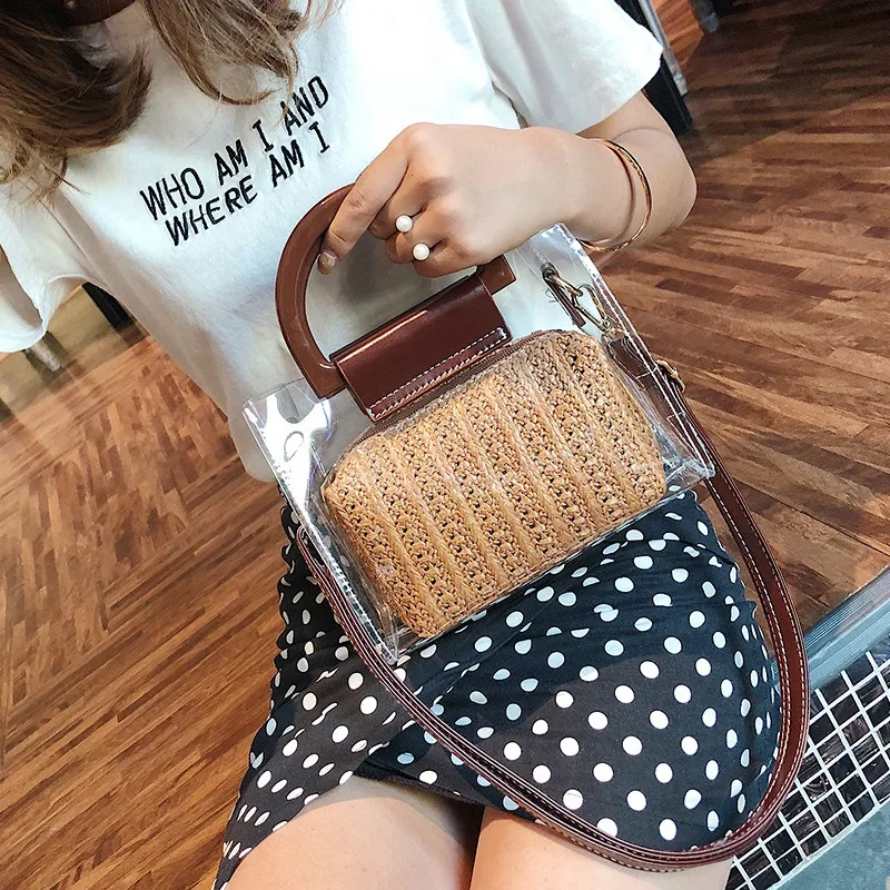 Женские Прозрачные сумки летние соломенные через плечо из двух частей женские
