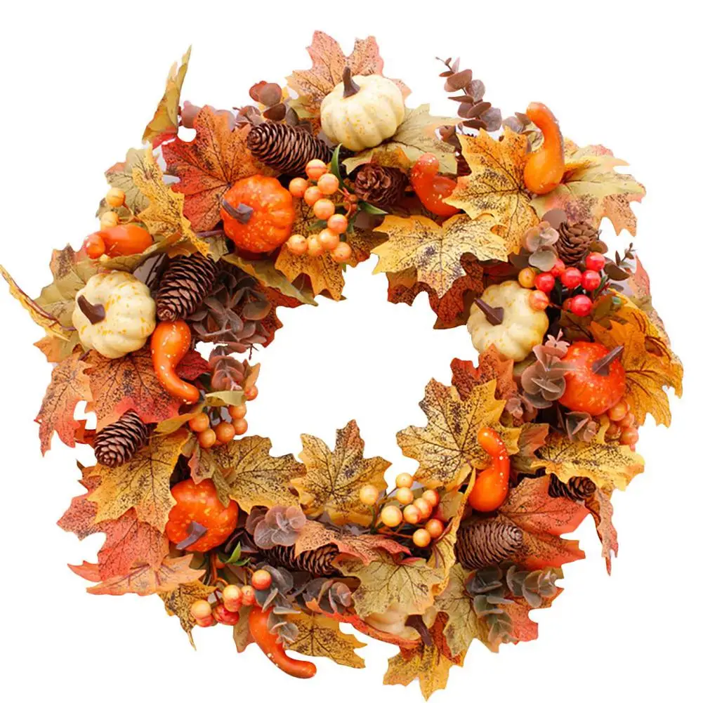 

Осенний тематический дверной венок, искусственная тыква, сосна, конус, клен, искусственный венок из ротанга, украшение для дома на День Благодарения