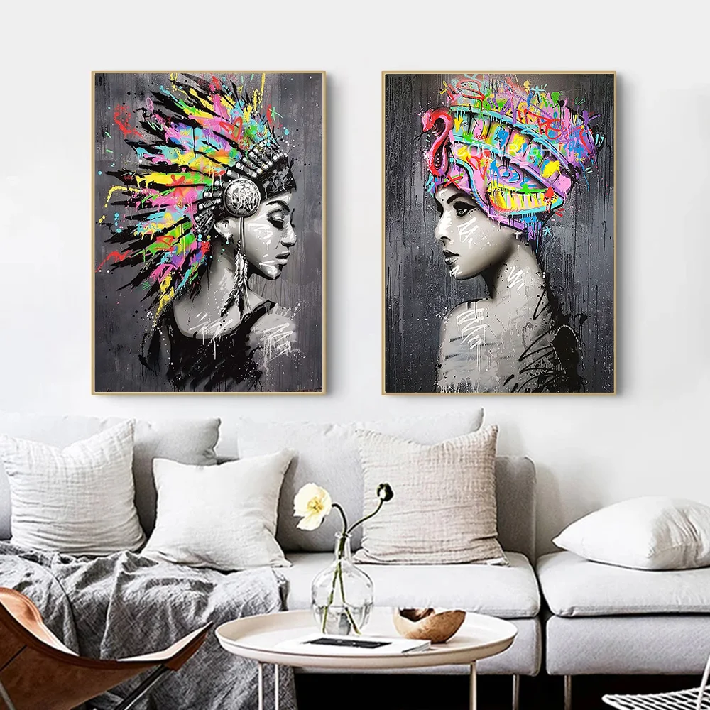 

Abstract Colorful Graffiti Woman Canvas Painting Wall Art African Girl Picture for Living Room Poster And Prints Home Decoration