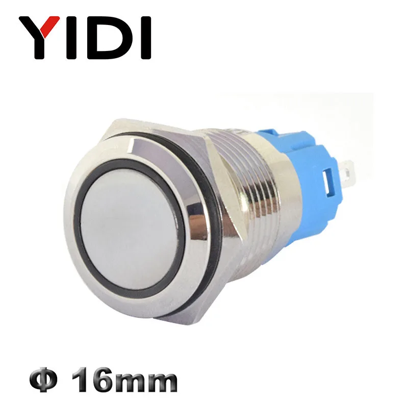 16mm LED Illuminated Flat Metal Push Button Switch on Off Latching 1NO1NC Momentary 12V 220V Red Green Blue Amber Led Switch