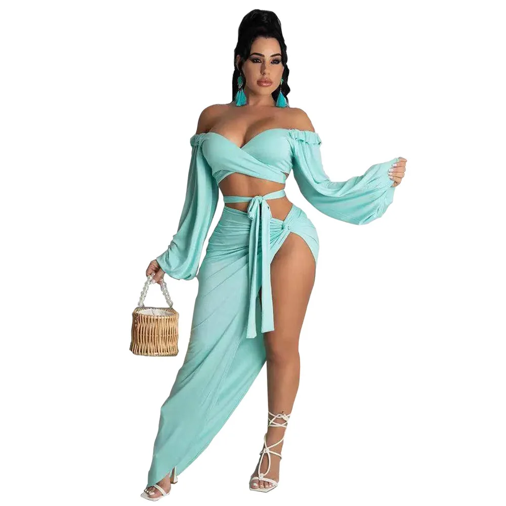

2021 Summer Elegent Women Long Sleeve Two Pieces Sets Top and Long Skirts Women Suit