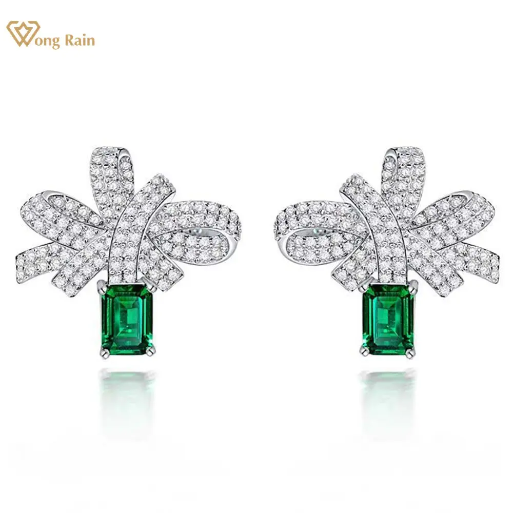 

Wong Rain Elegant 925 Sterling Silver Emerald Created Moissanite Gemstone Wedding Party Bowknot Ear Studs Earrings Fine Jewelry