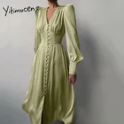 Yitimuceng атласное длинное женское платье с рукавами-фонариками для вечерние пикантное с V-образным вырезом 2021 летнее модное французское фиолетовое зеленое белое черное платье