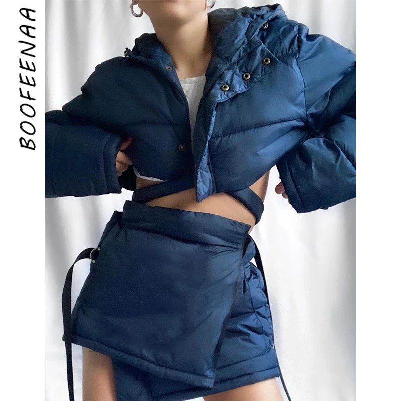

BOOFEENAA комплект из двух предметов женская зимняя одежда уличная мода теплый на молнии Укороченный пуховик пузырьковая куртка мини юбка женс...
