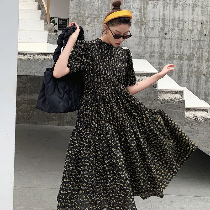 DEAT 2020 round neck puff sleeves flower printed high waist big bottoms franch styles pullover dress female vestido WL76209L | Женская