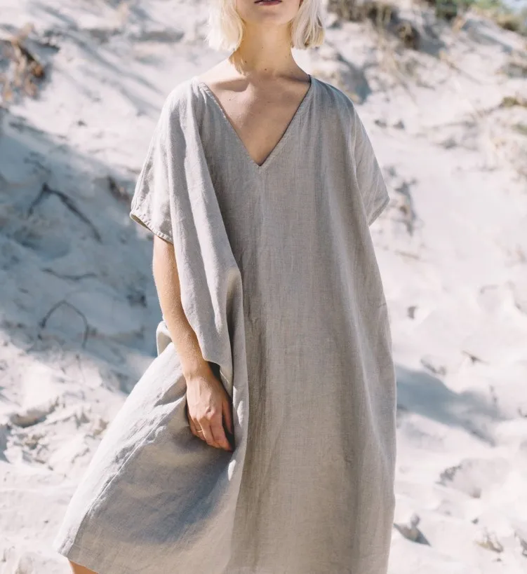 Женское Хлопковое платье-макси с V-образным вырезом и коротким рукавом | Женская