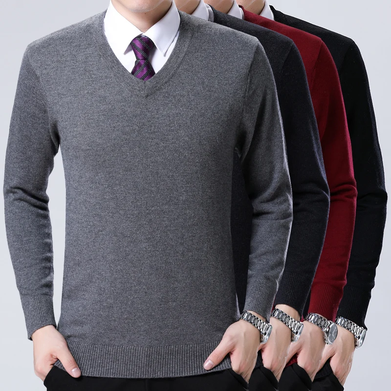 

100% Wool Sweater Men Knitted Warm Pullovers V Neck Long Sleeve Sweaters Male Smart Casual Classic Solid Color Pullovers