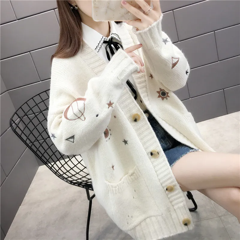 

2021 Women Winter Sweater Knitting Cardigans V Neck Stars Moon Embroidery Long Sweater Jacket Pink Christmas Cardigans