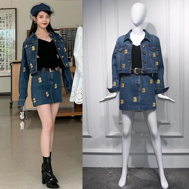 Kpop IU Lee Ji Eun 2021 уличная мода синие джинсовые куртки с длинным рукавом Короткое