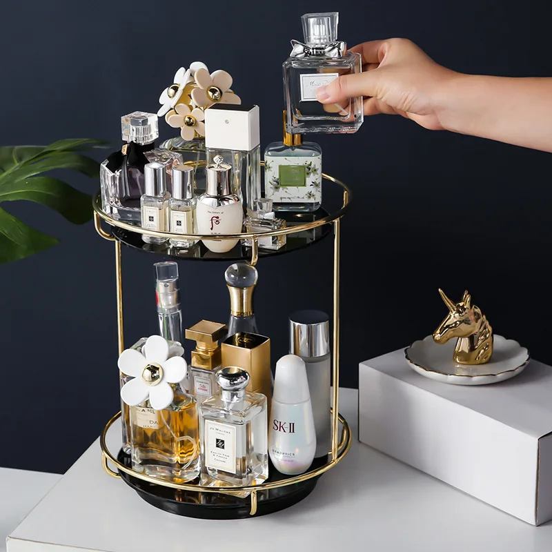 

Nordic Rotating Cosmetic Desktop Storage Box Transparent Makeup Organizer 2 Tiers Glass Tray Dressing Table Finishing Rack MJ
