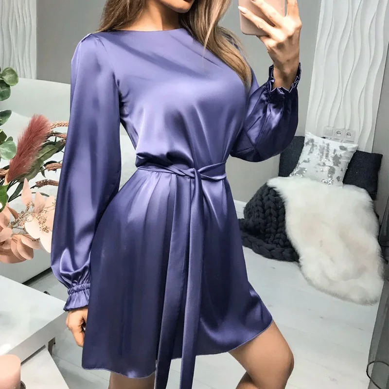 

2021 Autumn Vintage Satin Dress Solid Lantern Sleeve Sexy Deep V-Neck Sashes Party Office Lady Mini Dress 121956WLA