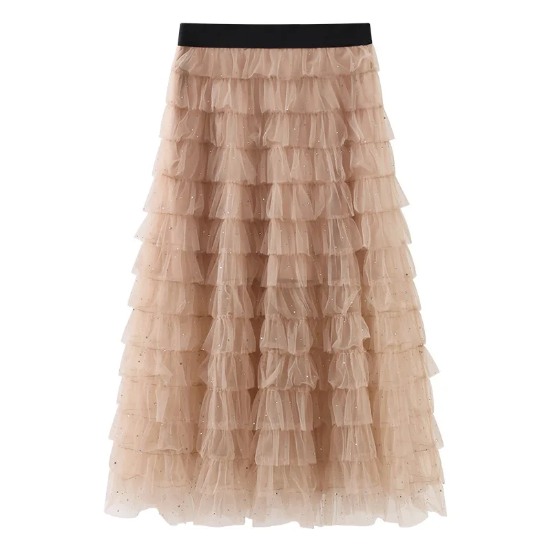 

Sweet Japan Style High Waist A-line Solid Woman Skirts Crystal Mesh Patchwork Layered Dress 2021 Spring French Elegant Faldas