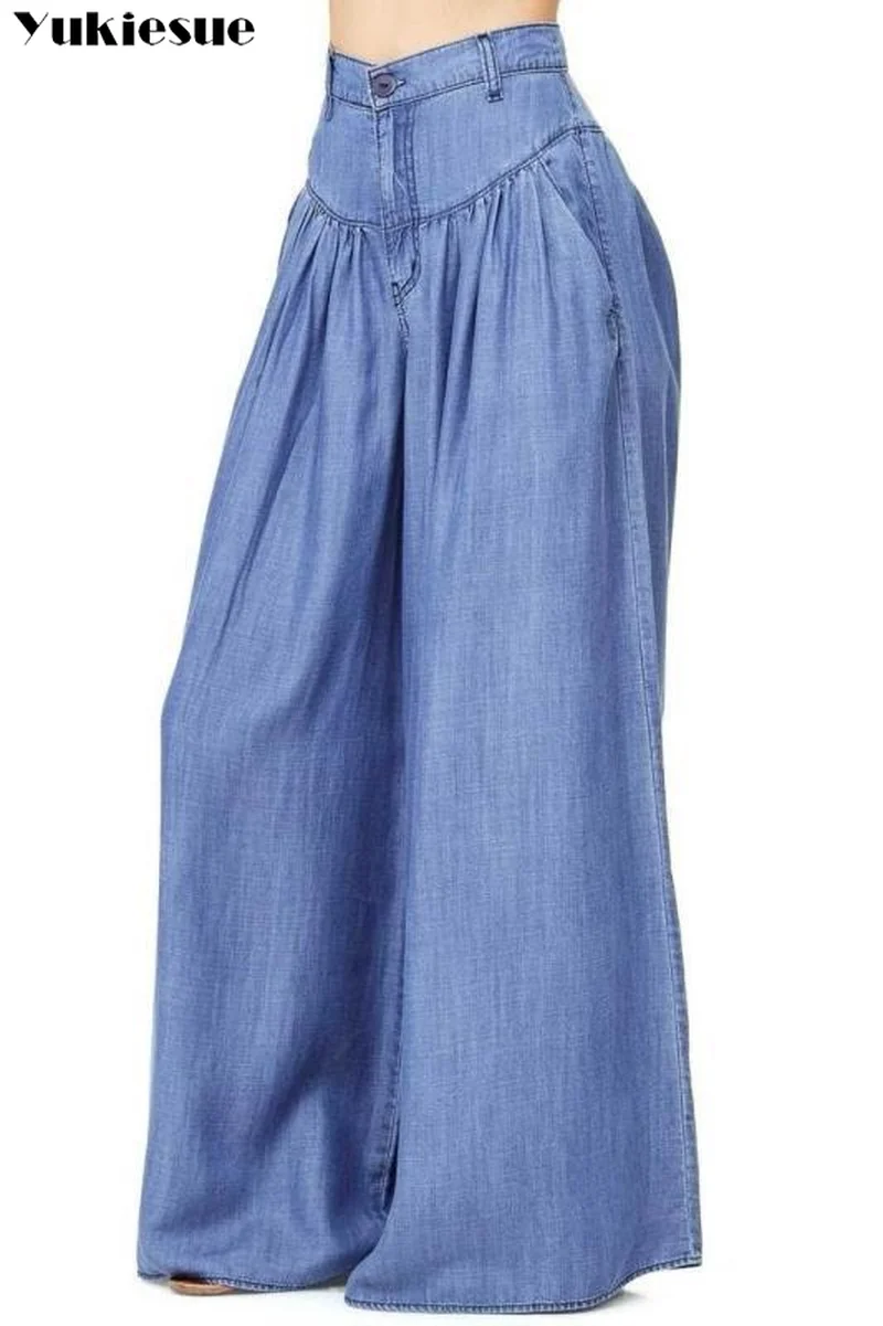 Женские длинные брюки шаровары с высокой талией Свободные плиссированные синие