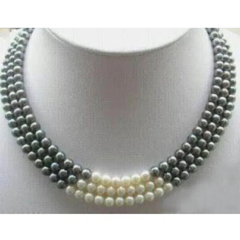 

New 3 Rows 7-8MM Black White Natural Pearl Necklace 17-19" W