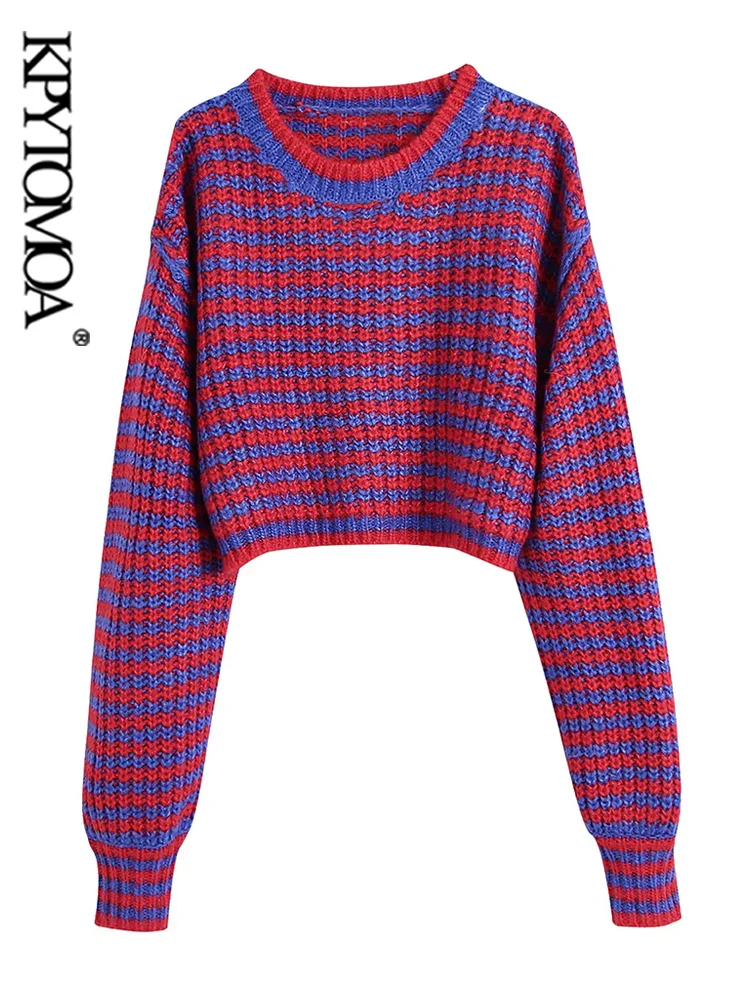

KPYTOMOA Women Fashion Loose Striped Knit Cropped Sweater Vintage O Neck Lantern Sleeve Female Pullovers Chic Tops
