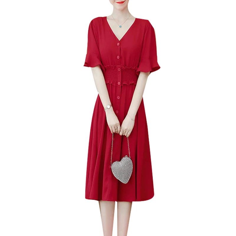 

Женское шифоновое платье на весну и лето, однотонное платье на пуговицах с коротким рукавом и v-образным вырезом, элегантное платье SS1912
