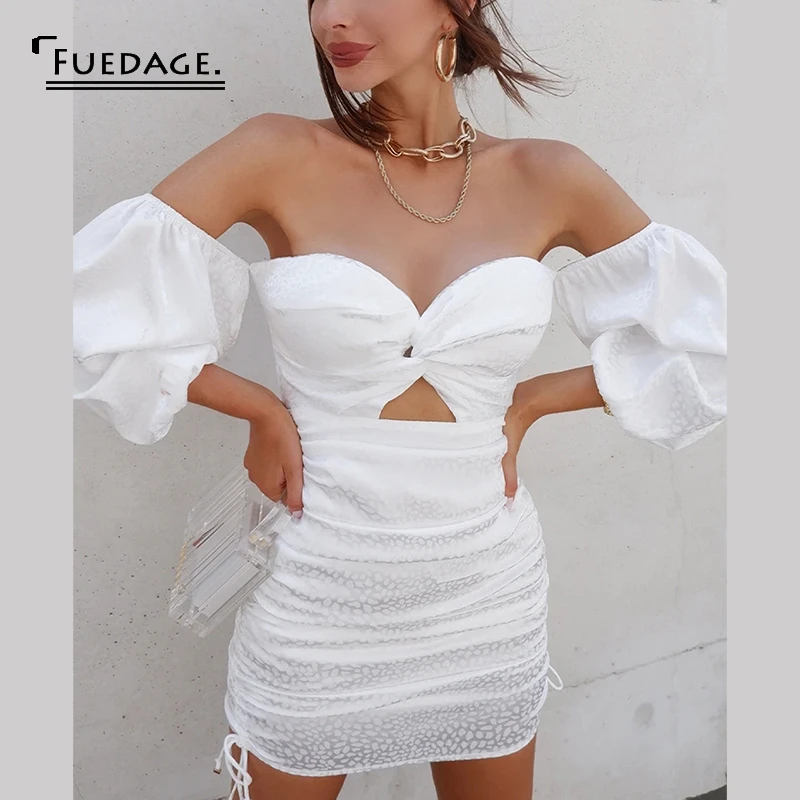 Fuedage летнее Сексуальное Женское Платье белое платье с вырезами и бантом в горошек