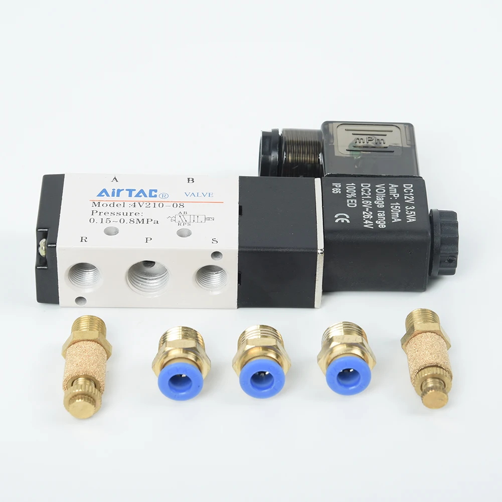 

1 Pc Solenoid Valve 4V210-08 DC 12V Solenoid Pneumatic Valve 5 Port 2 Position Connector Silencer Flow Speed Control Valve Tools