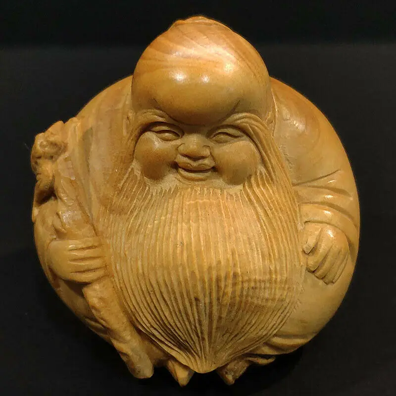 

Y7418 - 2" Hand Carved Japanese Boxwood Netsuke Figurine Carving : God of Longevity