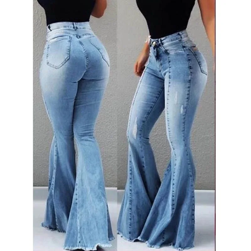 

Stretch Worn Denim Flared Pants Women's jean custom logo print on product and package from 1pc dropship