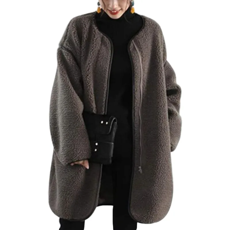 

Elegant Wool Solid Color Plush Winter Women's Coat Round Neck Long Sleeve Pocket Korean Overcoat Ladies 2020 New Fashion Clothes
