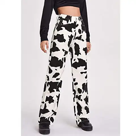 Female Straight Jeans Korean Style Casual Wild Cow Skin Pattern High Waist Trendy Trousers for Daily Streetwear for All Seasons