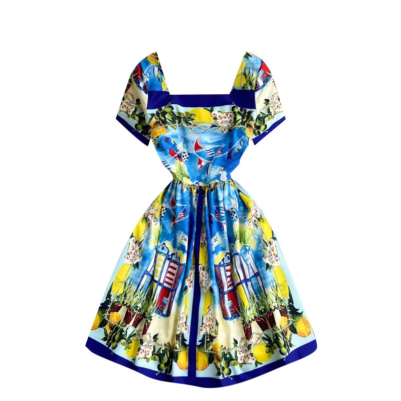 

Europe Style New Fashion Summer Women Square Collar Short Sleeve Retro Print Party A Line Dress Ladies Mini Dresses Vestido