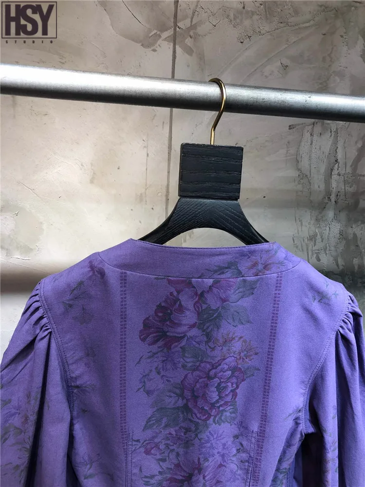 【HSY】2019 осень зима новые женские пышные рукава пуговицы украшения фиолетовый