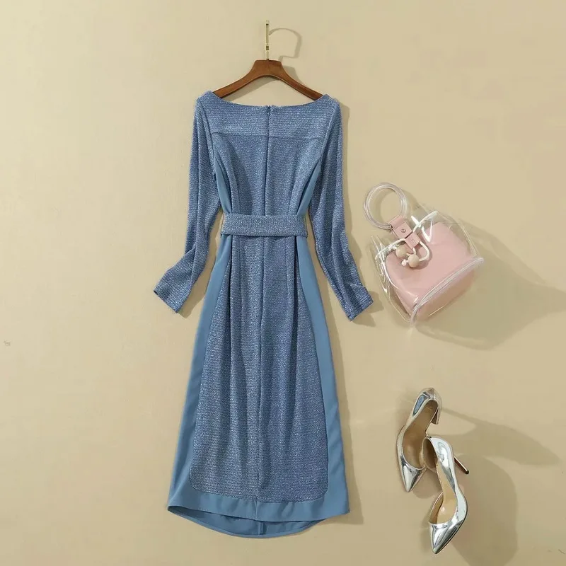 

Autumn Winter 2021 Fashion Runway Dress Women Lurex Yarn Patchwork Three Quarter Sleeve Belted Mid-Calf Grey Bodycon Dress Femme