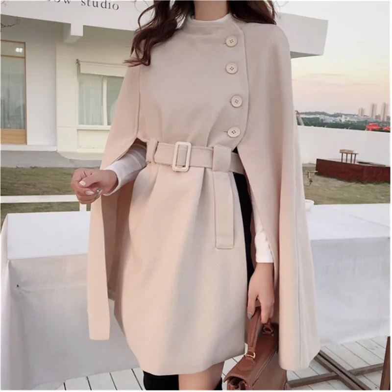 

Women Single Breasted Elegant High Quality Creamy White Autumn Korean Style Woolen Coats Wool Cloak Length 2021 Fashion