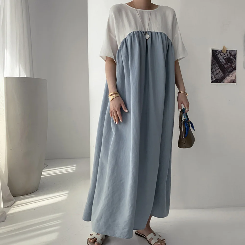 

Retro Temperament Cotton Linen Dress Female Thin Mid Length Patchwork Contrast Korean Version Of Loose Women Summer Dresses