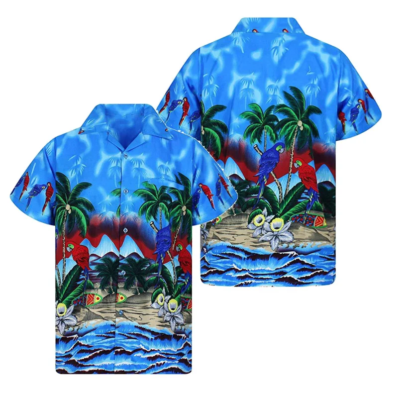 

USA Size Casual Menâ€™s Short Sleeve Stand Collar Loose Coconut Tree 3d Printing Parrot Hawaiian Shirt Quick Dry Beach Clothing
