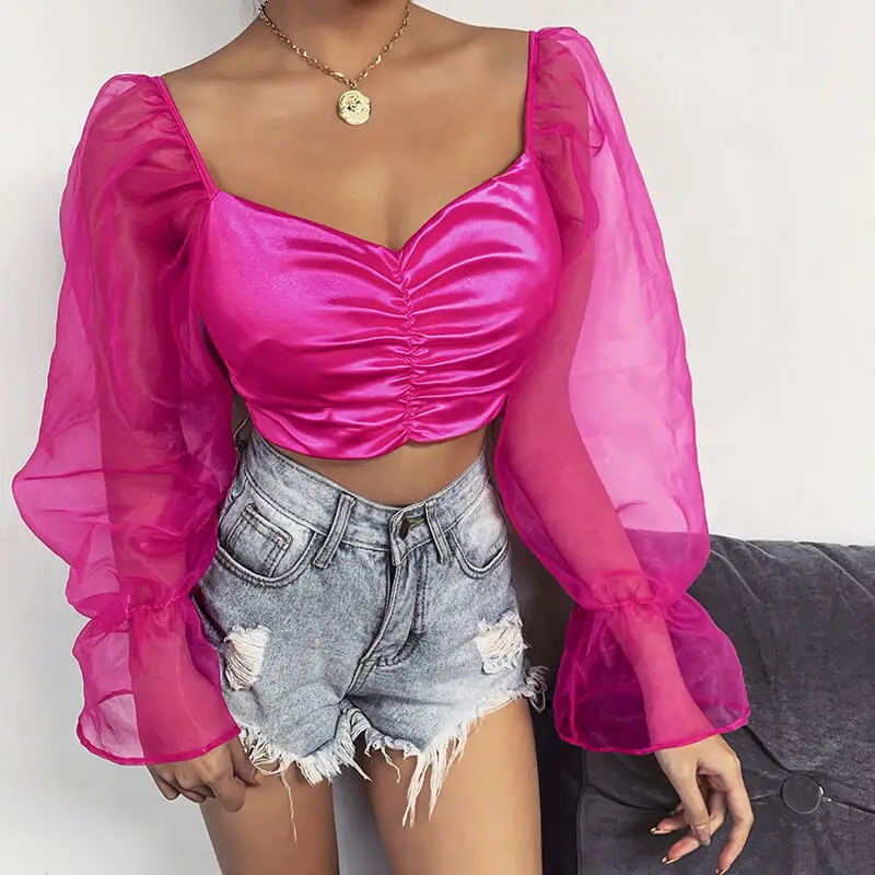 Женская летняя пикантная укороченная Блузка с оборками блуза вырезом лодочкой