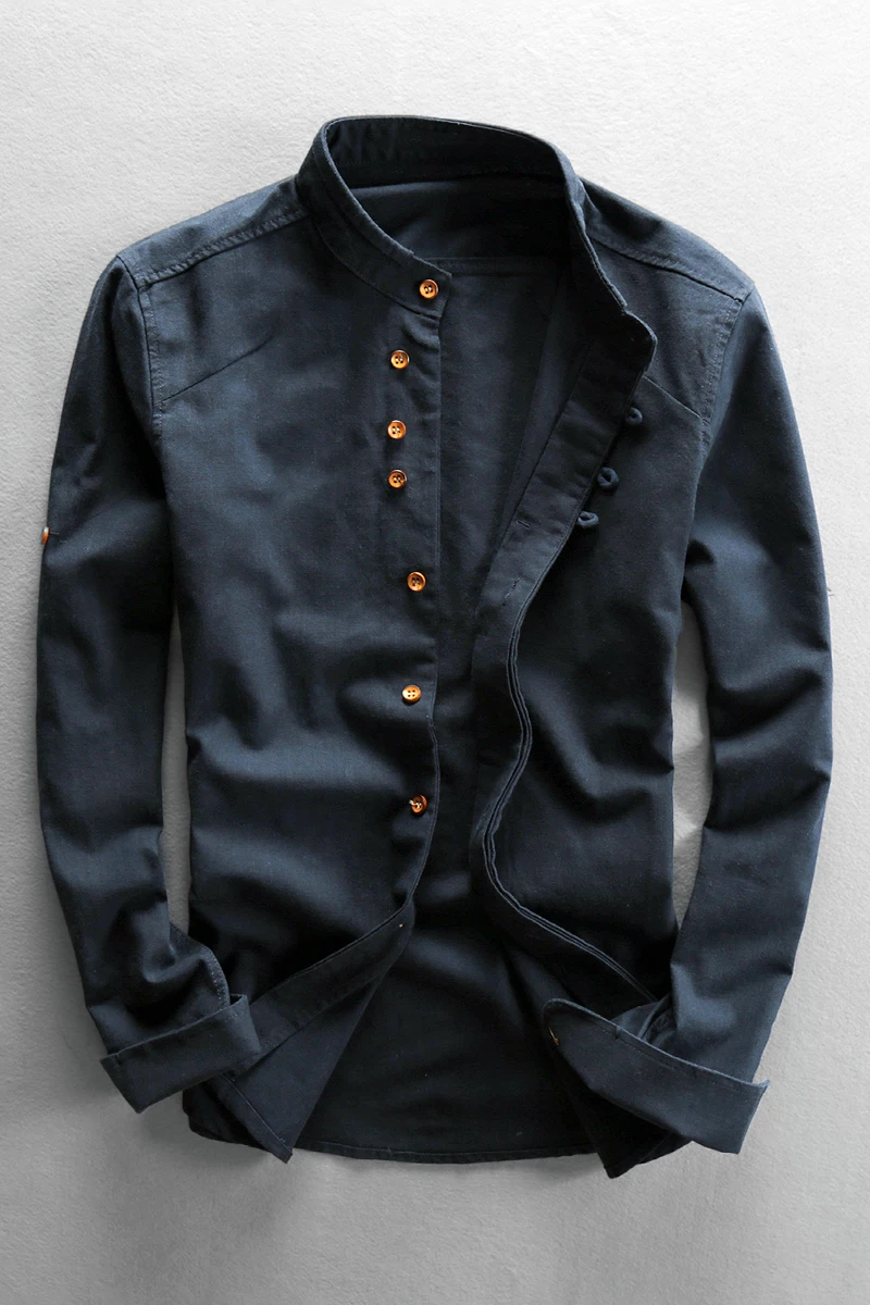 

Shirt Autumn Linen Stand Collar Male Long Sleeve Solid Color Retro Casual Slim Cotton Chinese Style Men Fashion Dress Shirts