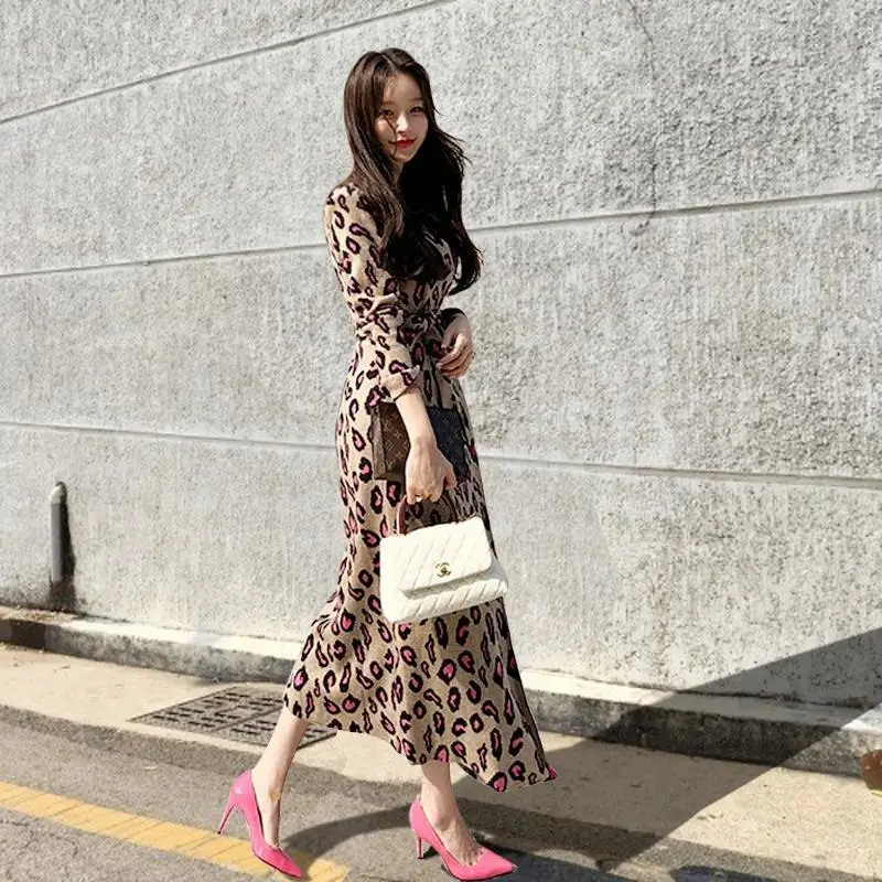 Vintage Leopard Print Long Maxi Dress Autumn V-neck Lace Up Bodycon Dress Knitted Split Winter Women Dress Party Vestidos S-2XL