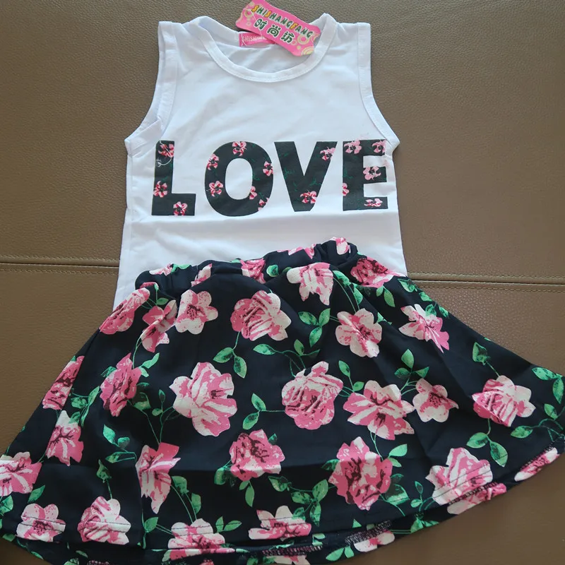 Летние комплекты одежды для девочек с принтом любовь юбки без рукавов и