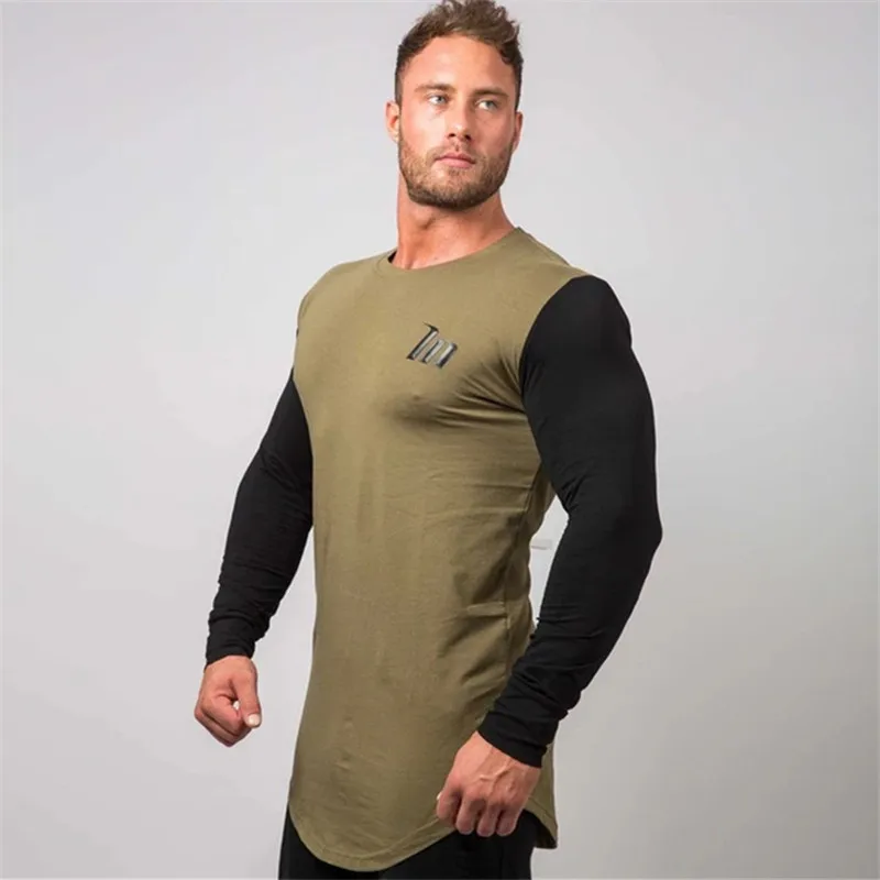 Футболка мужская облегающая с длинным рукавом хлопок пэчворк для спортзала