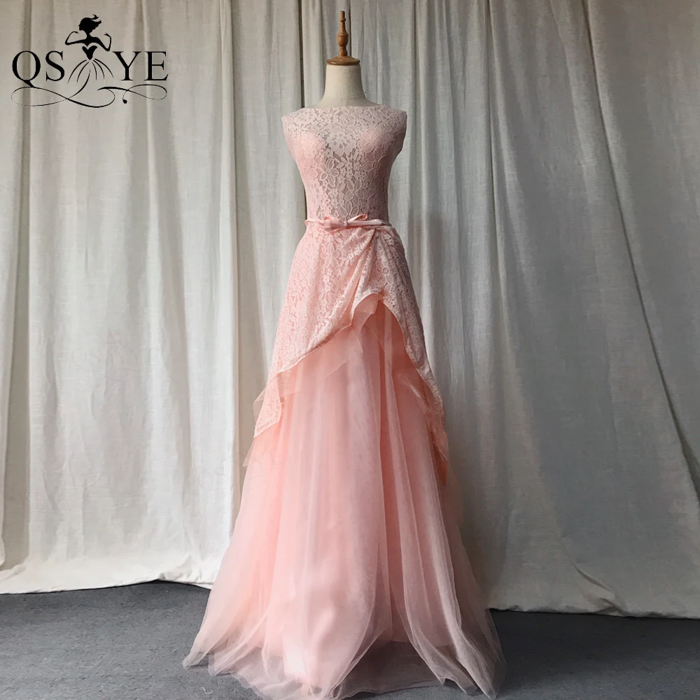 

Baby Pink Lace Prom Dress 2021 A Line Tulle Evening Dress Tiny Belt Formal Gown Scoop Neck Peplum Waist Party Dress Sleeveless