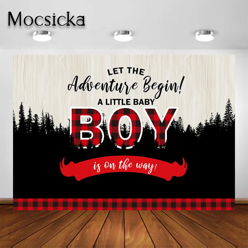 

Mocsicka Adventure Baby Shower Backdrop for Boy Buffalo Plaid Lumberjack Woodland Baby Shower Photography Background Party Decor