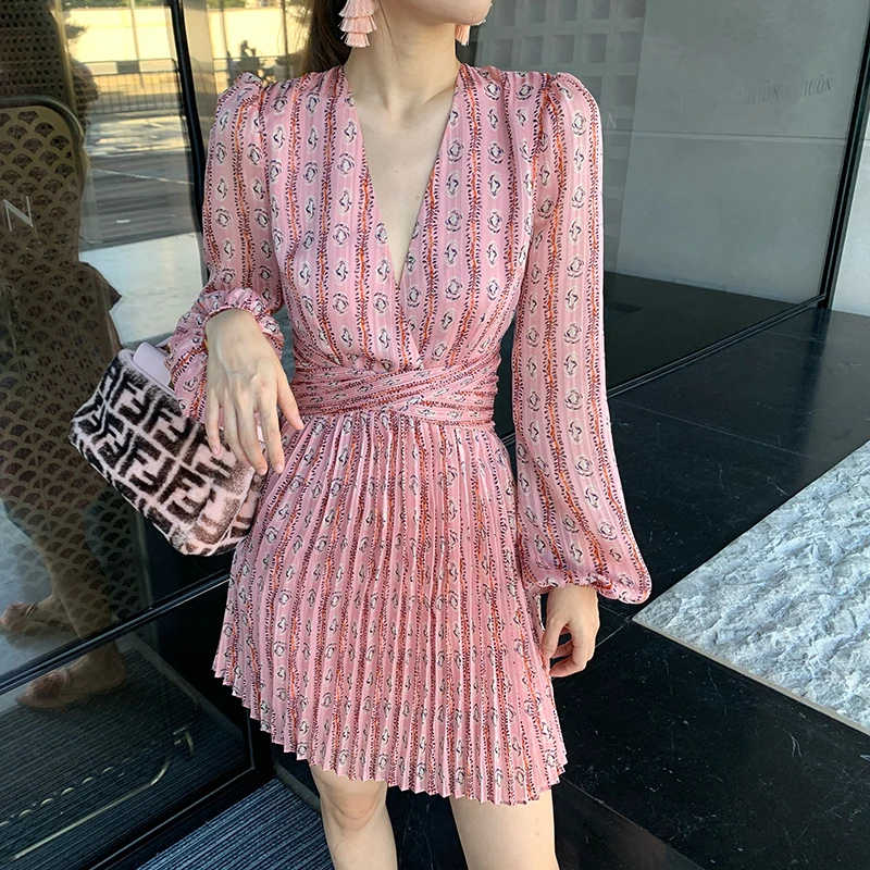 

Print Bandage Dress Ladies V Neck Long Sleeve Boho Beach Dress Elegant Korean Pleated Robe Vintage Chic 2021 Spring Woman Dress