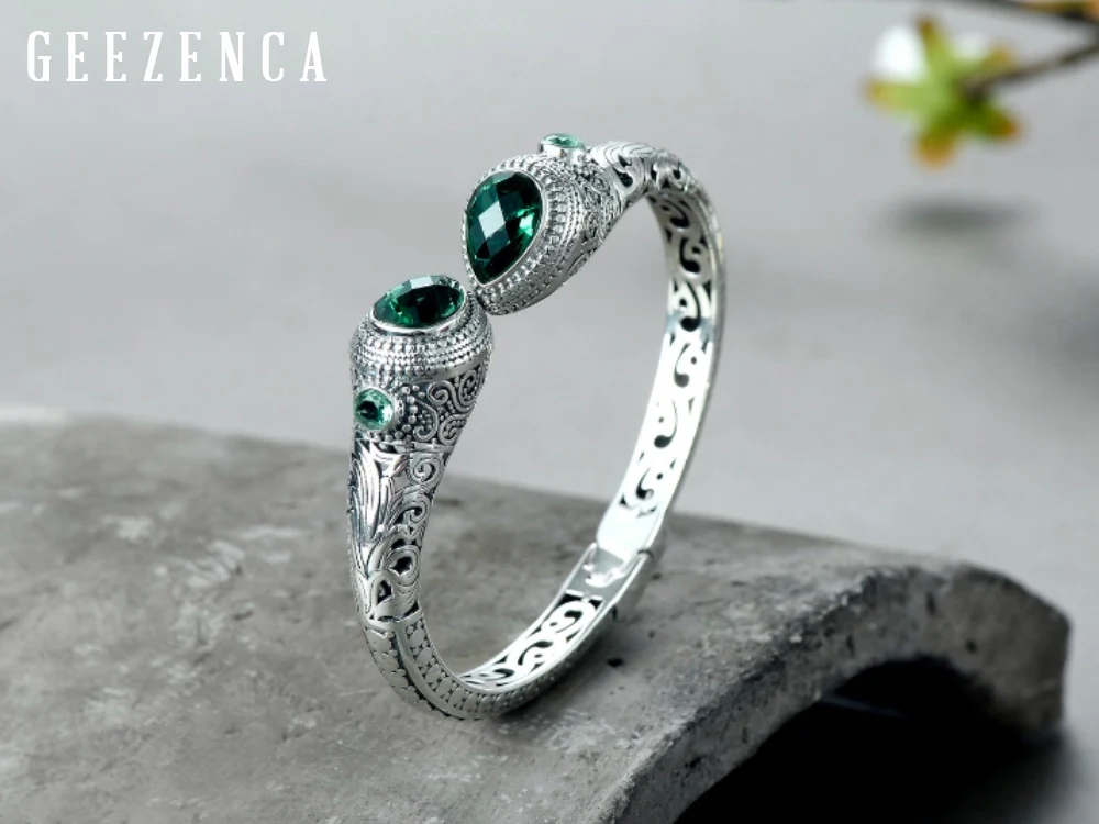 Green Crystal Винтажный 925 тайский серебряный браслет, браслеты с изумрудным камнем, ручная работа, полые узоры, браслет, дизайн, ювелирные изделия для женщин - Цвет камня: Green Crystal