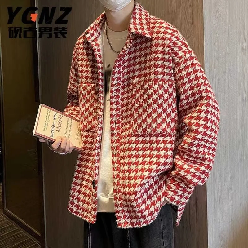 

2021 мужские модные пальто в клетку с принтом, свободная повседневная Уличная одежда, шерстяные куртки, Молодежный воротник с лацканами, 3 цвета, верхняя одежда