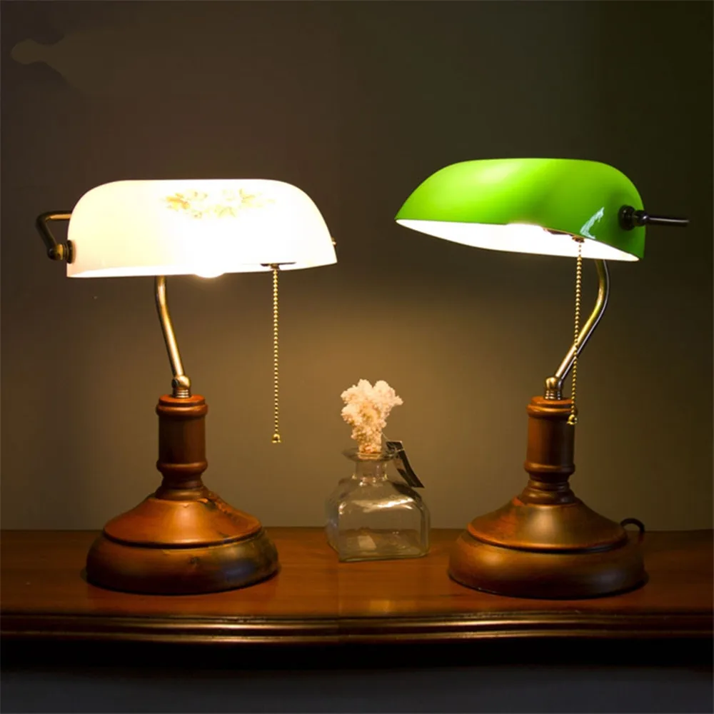

Vintage rustic table lamp Metal Wood Bank E27 Green banker table lamp Bedroom Bedside Reading Cafe study table decoration lamp