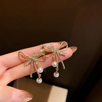 oliraft 2021 trend elegant pearls pendant shining rhinestone bowknot stud earrings for women minimalist wedding party jewelry