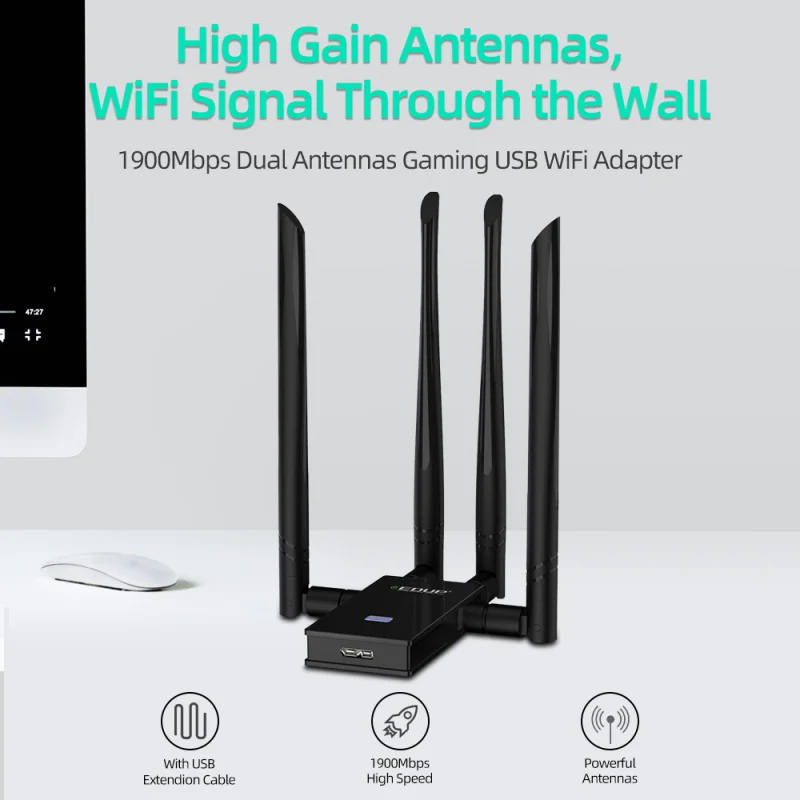 USB Wi Fi адаптер EDUP 5 ГГц 1900 Мбит/с 802.11ac приемник на большие расстояния с антеннами 4*6