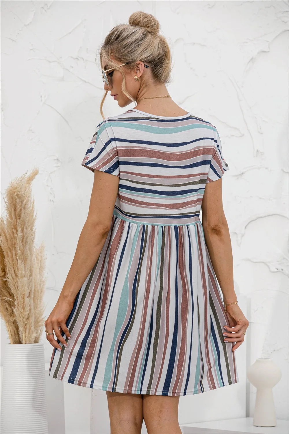 

2021 Summer New Fashion O Neck Women's Dress Casual Loose Short Sleeve Ruffle Patchwork Pocket Ladies Stripe Dress