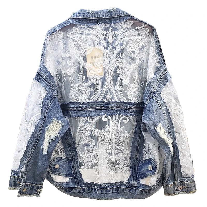

Embroidered Gauze Stitched Jeans Coat Women's 2020 Spring Loose-Fit with Holes Short Denim Jacket Lace Sun Protection Clothing