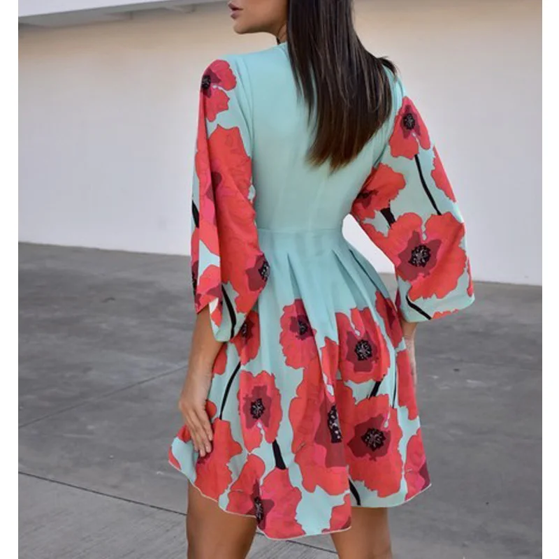 

New Fashion Women Summer Dress 2020 Floral Print Plunge Batwing Sleeve Dress